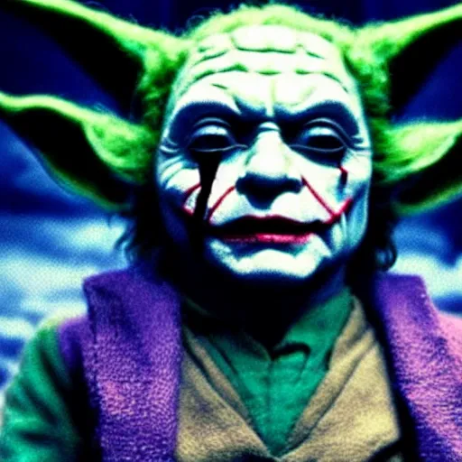 Image similar to stunning awe inspiring ( yoda ) as the joker, movie still 8 k hdr atmospheric lighting