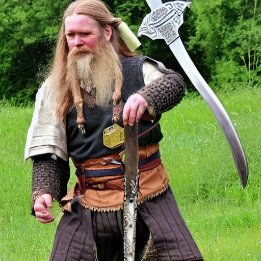 Prompt: male bearded viking age historical reenactor with brown hair in a bun, wearing a green tunic with gold tablet woven trim, leather belt tied in the early medieval fashion with bronze parts, white pants, brown legwraps and cowhide leather turnshoes, carrying an iron spear and lindenwood shield with iron boss