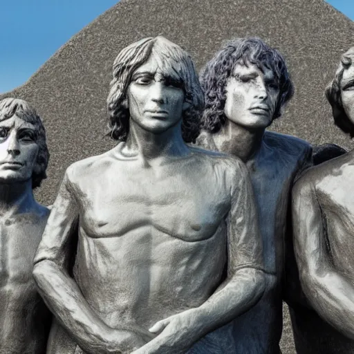 Image similar to composition of roger waters, syd barret and david gilmore visiting the eastern island statues, realistic, hdr, hdd, 8 k,