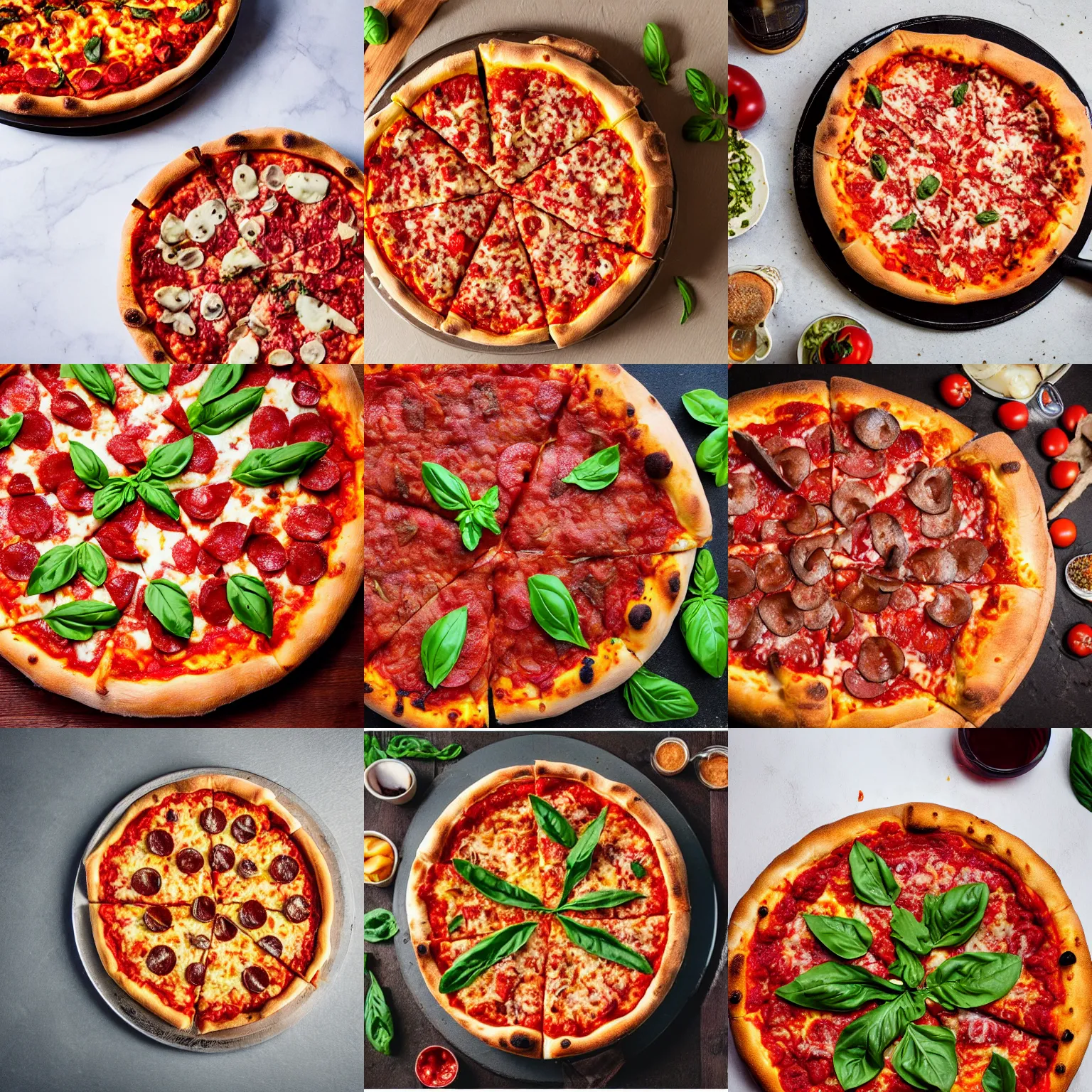 Prompt: small pizza sized in a large deep dish pizza, on a table, professional food photography