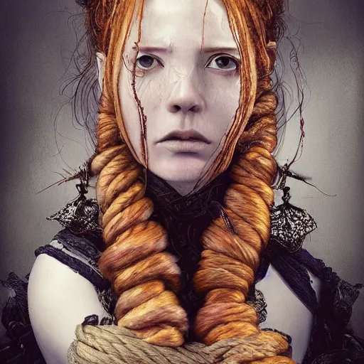 Image similar to portrait of a Shibari rope wrapped face and neck, headshot, insanely nice professional hair style, dramatic hair color, digital painting, of a old 13th century, traveler, amber jewels, baroque, ornate clothing, scifi, realistic, hyperdetailed, chiaroscuro, concept art, art by Franz Hals and Jon Foster and Ayami Kojima and Amano and Karol Bak,