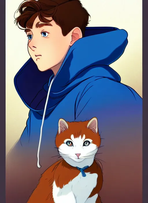 Image similar to teen boy with brown hair and big blue eyes, wearing a hoodie, fluffy white cat, natural lighting, path traced, highly detailed, high quality, cartoon, digital painting, by don bluth and ross tran and studio ghibli and alphonse mucha