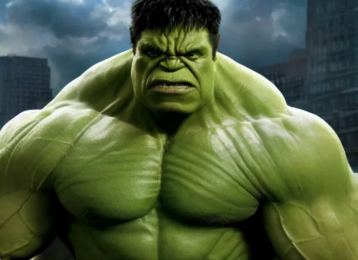 Image similar to film still of hulk posing for his new linkedin profile picture in the new avengers movie, 4 k