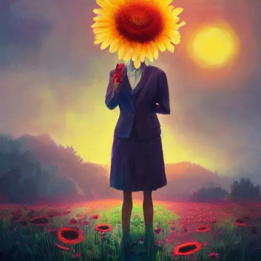 Image similar to giant daisy flower head, frontal, girl in a suit, surreal photography, sunrise, dramatic light, impressionist painting, digital painting, artstation, simon stalenhag