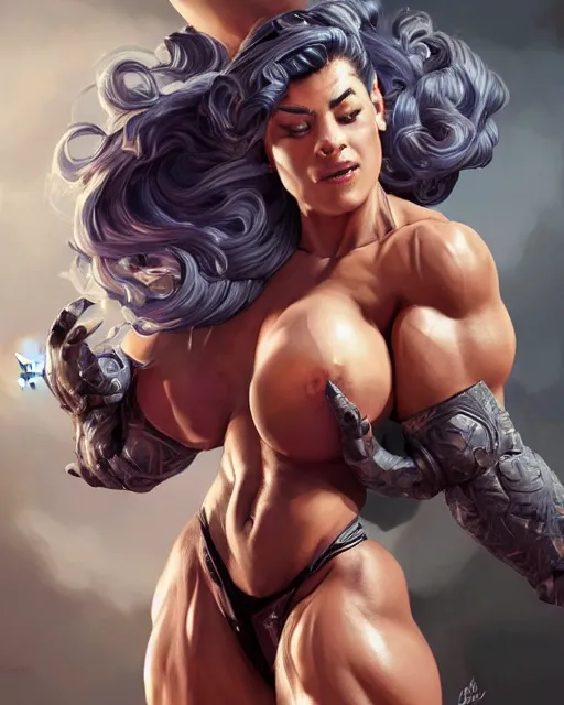 Prompt: full figure ultra realistic illustration, selina gomez as thick female bodybuilder witch zarya from overwatch smiling with closed eyes, intricate, elegant, highly detailed, digital painting, artstation, concept art, smooth, sharp focus, illustration, art by artgerm and greg rutkowski and alphonse mucha