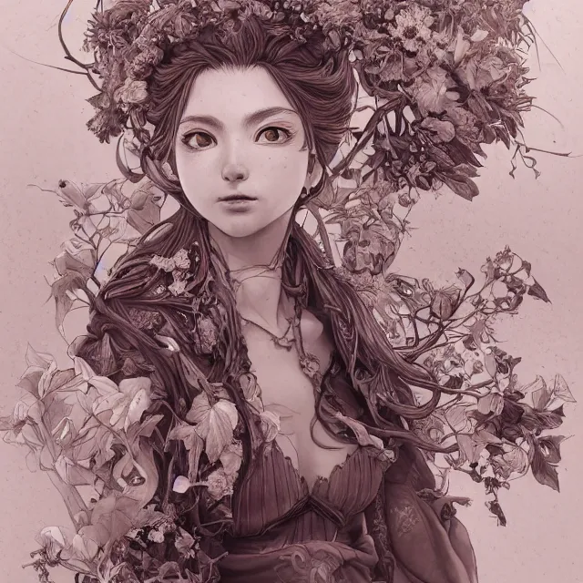 Image similar to the portrait of chaotic good female druid botanist as absurdly beautiful, gorgeous, elegant, young gravure idol, an ultrafine hyperdetailed illustration by kim jung gi, irakli nadar, intricate linework, sharp focus, bright colors, octopath traveler, final fantasy, unreal engine 5 highly rendered, global illumination, radiant light, detailed and intricate environment