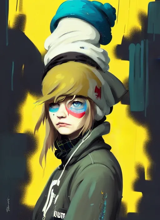 Prompt: highly detailed portrait of a sewer punk lady student, blue eyes, tartan hoody, hat, white hair by atey ghailan, by greg rutkowski, by greg tocchini, by james gilleard, by kaethe butcher, gradient yellow, black, brown and cyan color scheme, grunge aesthetic!!! ( ( graffiti tag wall ) )