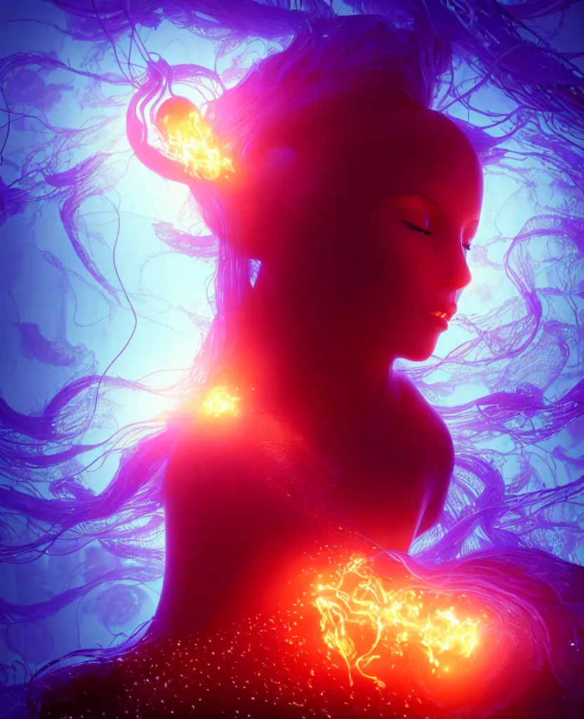 Image similar to close-up portrait of a face of beautiful princess floating in ethereum surrounded by floating jellyfish, energy flows of fire and water, flashes of plasma, 3d with depth of field, blurred background, a highly detailed epic cinematic concept art CG render. made in Maya, Blender and Photoshop, octane render, excellent composition, cinematic dystopian brutalist atmosphere, dynamic dramatic cinematic lighting, aesthetic, very inspirational, arthouse. y Greg Rutkowski, Ilya Kuvshinov, WLOP, Stanley Artgerm Lau, Ruan Jia and Fenghua Zhong