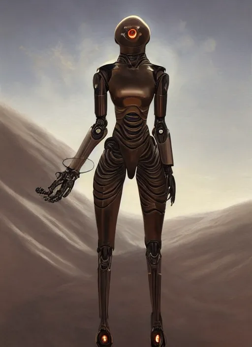 Prompt: artstation concept of a female robot as Dune concept art, metallic skin, sci-fi skin, symmetrical face, science robot , science background, sci-fi, hyperdetailed, artstation trending, world renowned artists, worth1000.com, historic artworks society, antique renewel, cgsociety, by greg rutkowski, by Gustave Dore, Deviantart