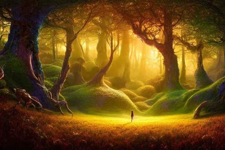 Image similar to vivid surreal landscape : : magic forest nature : : weta disney pixar movie still photo : : decadent highly - detailed digital painting, full length shot, golden, golden hour, galaxies, stars, light trails, ratio, octane render, artstation, smooth, sharp focus, artgerm, mucha, loish, wlop, gogo