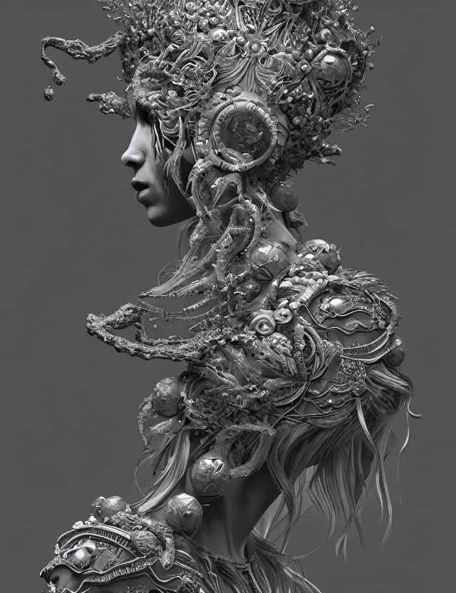 Image similar to symmetrical, centered, zbrush sculpt of goddess close-up portrait wigh crown made of skulls. phoenix betta fish, phoenix, bioluminiscent creature, super intricate ornaments artwork by Tooth Wu and wlop and alena aenami and greg rutkowski