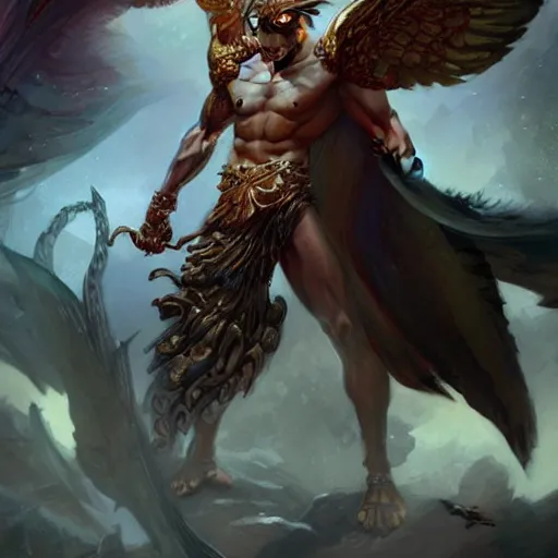 Image similar to full body shot of a male god with wings on his shoulder, digital art by raymond swanland and peter mohrbacher, 8 k,