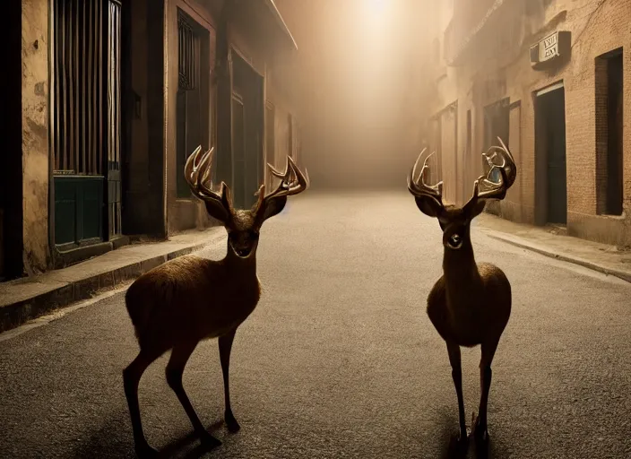 Image similar to a very high resolution image from a new movie, two deer wearing suits, in a narrow chinese alley, dark light long shadow beatiful backgrounds, dramatic lighting, directed by wes anderson