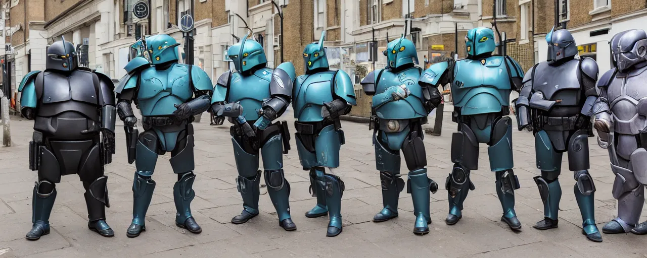 Image similar to four overweight, bored mandalorians on the streets of London