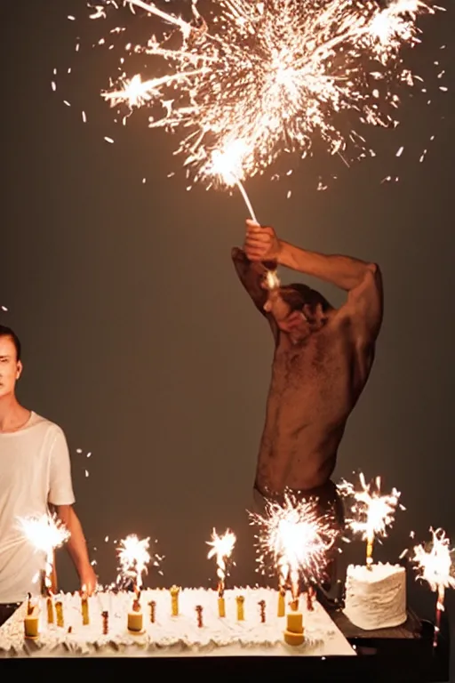 Image similar to margiela campaign featuring artist ben schumacher blowing out all the candles on the birthday cake, sparklers, realistic vfx simulation