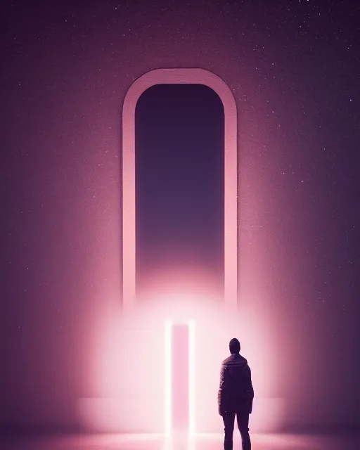 Image similar to a person standing in front of a glowy open door that's on a barren moon, poster art by mike winkelmann, trending on cg society, space art, sci - fi, ue 5, futuristic, volumetric lighting, light casting onto the ground, neat composition and camera angle