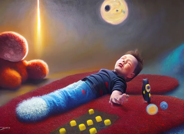 Prompt: toddler elon musk lying on a shaggy rug playing with his space rockets, realistic oil painting, beautiful soft lighting, istvan sandorfi