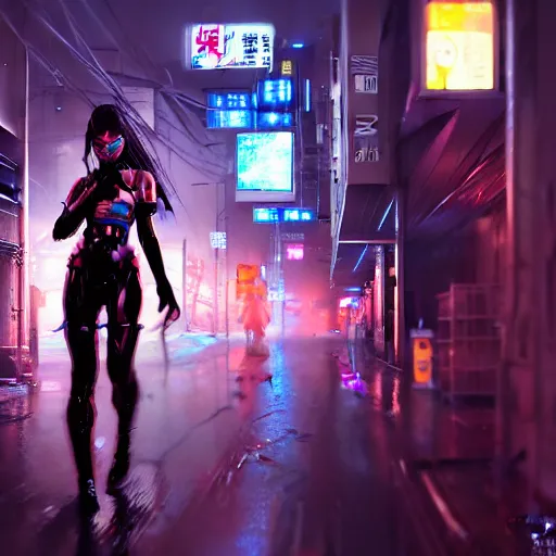 Prompt: An epic comic hyperrealistic painting of a cyber samurai girl, attractive, faces and details painted by painted by craig mullins, cyberpunk style color, heavy rainning at tokyo street night, neon lights all around, Matte painting, smoke, cinematic lighting, corona render, arnold render, movie concept art, 8k, RPG portrait, Concept world, rim lights, phtotrealistic, hdri