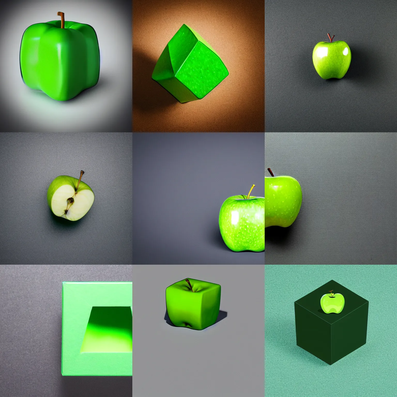 Prompt: studio shot of green apple shaped like a cube isometric perspective, green background