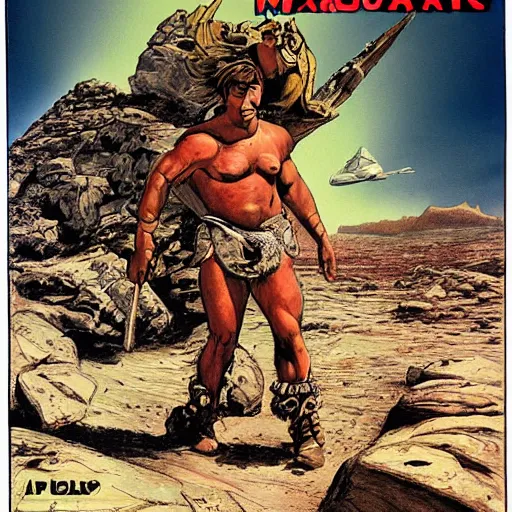 Prompt: barbarian on mars, standing on boulder facing clouded expanse, shrouded, science fiction pulp illustration, stunning