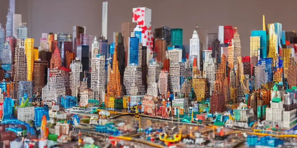 Image similar to a model of manhatten constructed out of fast food cups and packaging, miniature photography, diorama, wide - angle macro lens, art, award - winning, beautiful high resolution