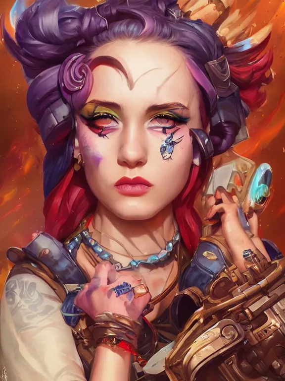 Image similar to a League of Legends FAN art portrait of Jinx The Loose Cannon,by tristan eaton,Stanely Artgerm,Greg Rutkowski,Tom Bagshaw,arthur adams,Carne Griffiths,trending on DeviantArt,street art,face enhance,chillwave,maximalist,full of color,glittering