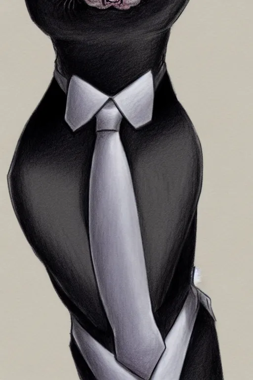Prompt: a drawing of a black sphynx cat wearing a black suit and tie, smug expression, sideways stance, torso cut off, looking up at focal point, a character portrait by ilya kuvshinov, featured on pixiv, official art, concept art