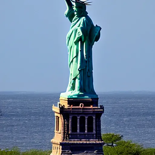 Prompt: photo of statue of liberty made of glass on bedloe's island overlooking the ocean