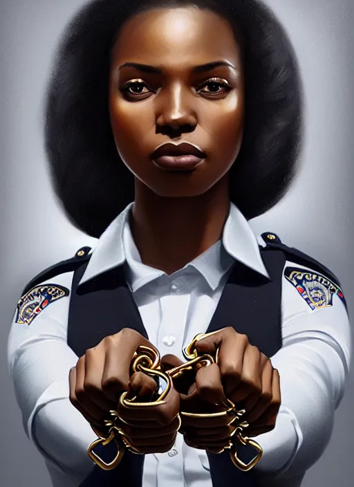 Prompt: full body portrait of young black woman as a police officer holding handcuffs, police uniform, intricate, beautiful and elegant, highly detailed, digital painting, artstation, concept art, smooth, sharp focus, illustration, art by wlop, mars ravelo and greg rutkowski