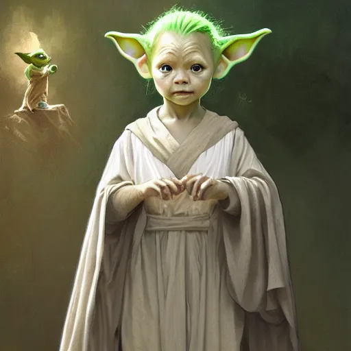 Image similar to baby yoda in the role of frodo from lord of the ring, intricate, elegant, highly detailed, digital painting, artstation, concept art, smooth, sharp focus, illustration, art by artgerm and greg rutkowski and alphonse mucha and william - adolphe bouguereau