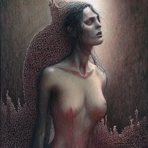 Image similar to liliana vess, fully clothed, highly detailed, masterpiece, illustrated, art by beksinski and rebecca guay