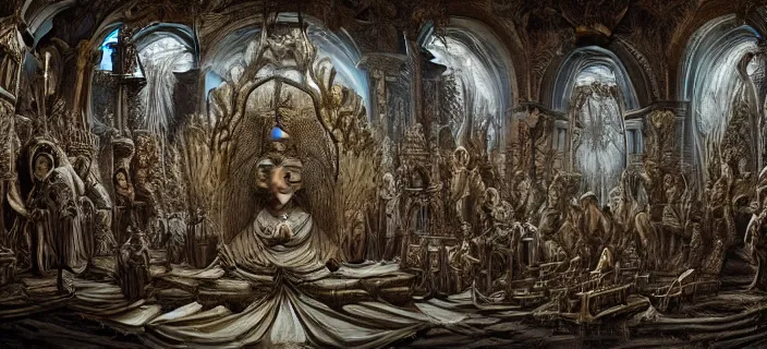Image similar to photo of the site of a sacred blasphemous mind-bending ritual, style of Peter Gric, lavish rococo baroque setting, fashion-photography, unholy ceremony, sacrilegious rite, evil, menacing, ominous, threatening, sinister, malevolent. Highly-detailed, photographic, cinematic, dramatic, establishing shot