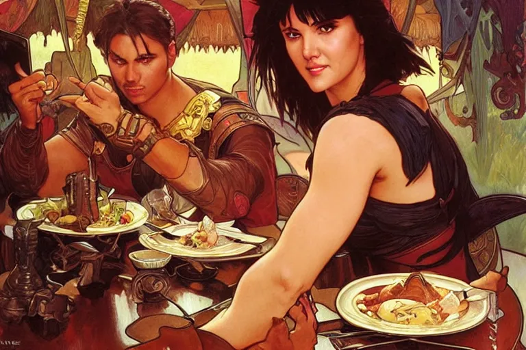 Image similar to xena warrior princess eating at a restaurant with a hispanic man art by artgerm and greg rutkowski and alphonse mucha