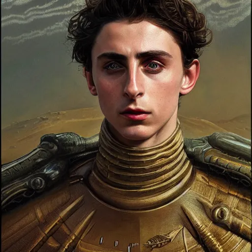 Image similar to timothee chalamet as a character in dune, closeup portrait art by donato giancola and greg rutkowski, realistic face, digital art, trending on artstation, symmetry!!