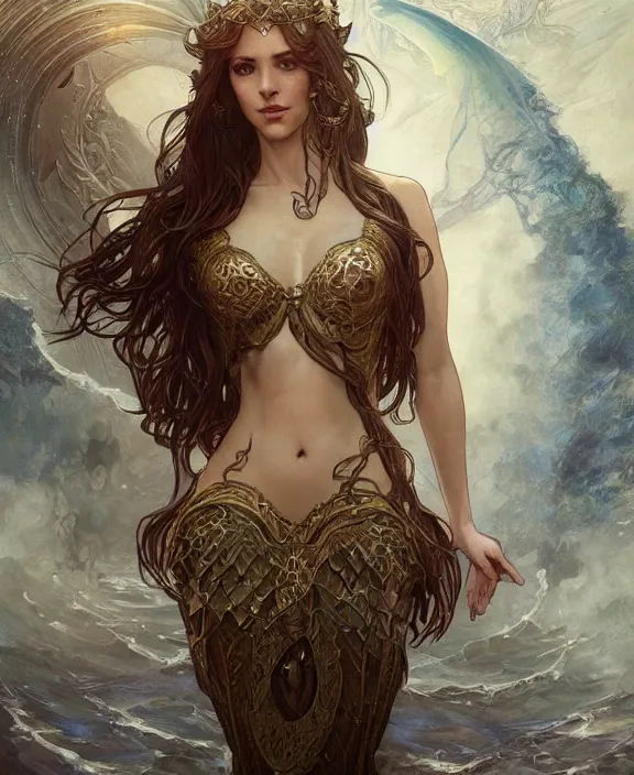 Prompt: portrait of a powerful mermaid sorceress, full body, d & d, fantasy, intricate, elegant, highly detailed, digital painting, artstation, concept art, art by artgerm and greg rutkowski and alphonse mucha