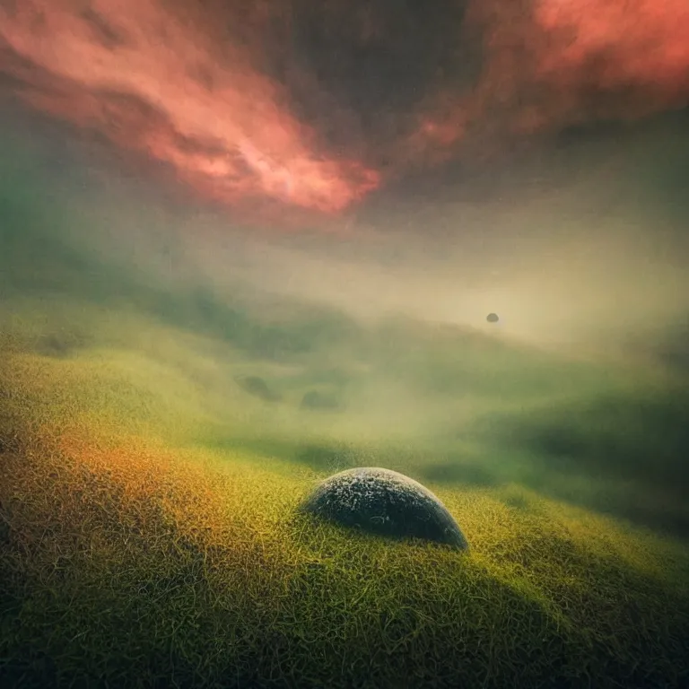 Image similar to a planet of various fungus, mushrooms and plants, inside the picture is infinity, sunset light, Atmospheric phenomenon, artistic photography, muted colors, conceptual, long exposure outside the city, volumetric light