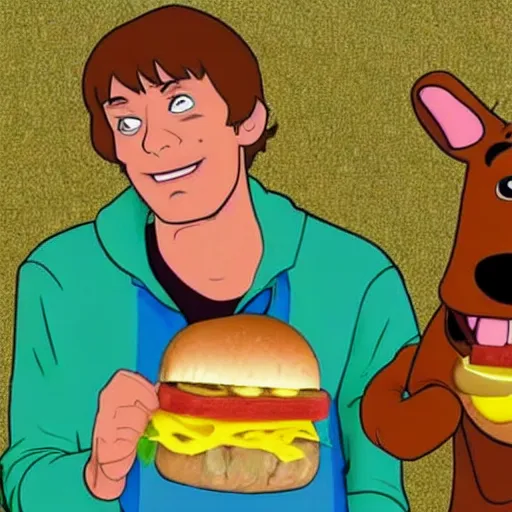 Image similar to realistic photo of scooby doo and shaggy with 2 foot high sandwiches