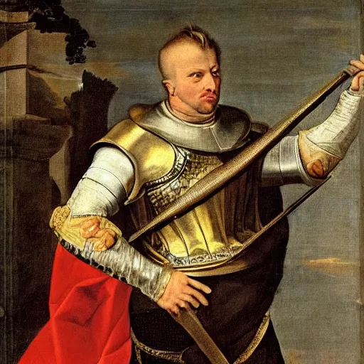 Prompt: donald trump, donald trump, wearing knight ’ s armor, holding a spectacular broadsword, by annibale carracci, two arms, two legs, donald trump, symmetrical face, highly detailed face, perfect face