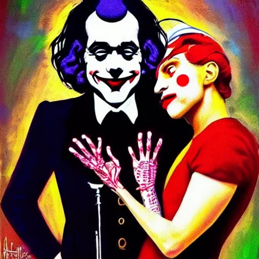 Image similar to ilya yefimovich repin and mimmo rottela and banksy as joaquin phoenix skinny joker!!, holding lady gaga harley queen hand!!, ultra photorealistic, intricate details, pop art style, concept art, confident posse, justify content center, 2 colours, warm color, 4 k, 4 d, ultra smooth, sharp focus