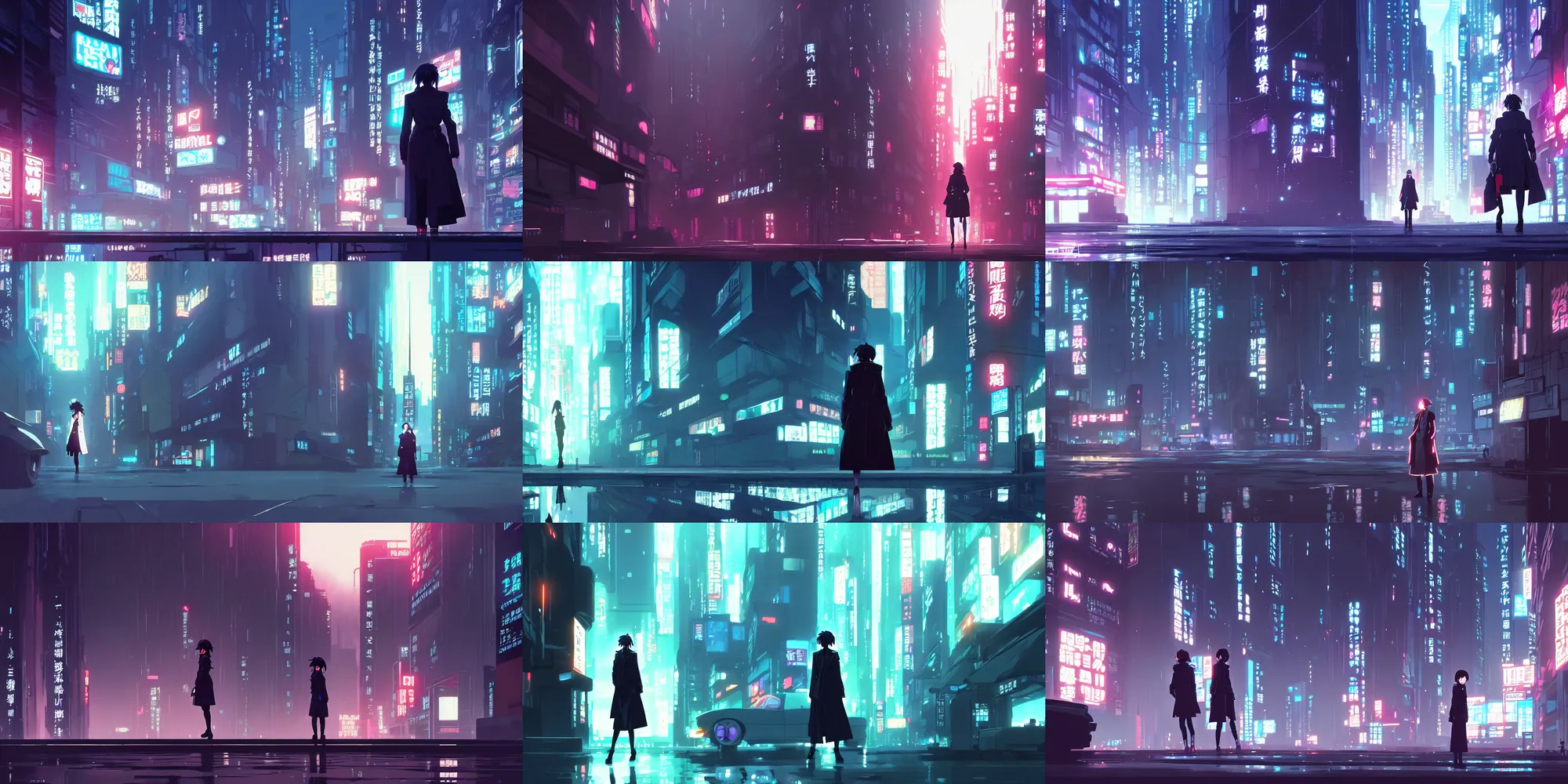 Prompt: a high definition screenshot from the detective ( noir ) cyberpunk anime film ; a lone ( ( female detective in a trenchcoat ) ) investigates a dreamworld, digital painting by ( ( makoto shinkai ) ) and martin ansin and josan gonzalez, cinematic, trending on artstation