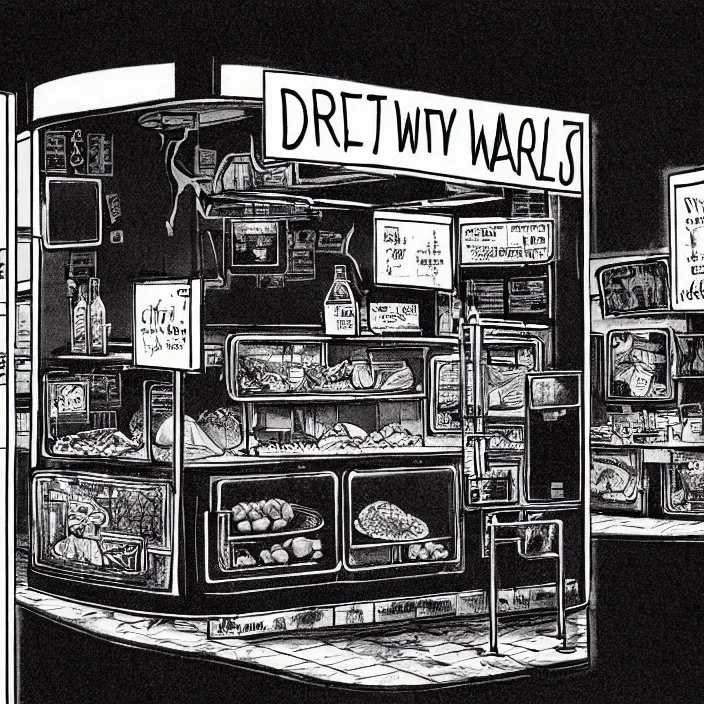 Image similar to poor quality food, water, and gruel : on a table. inside a dirty automated kiosk. bright tasty food options displayed on a wall. black tiles on walls. black and white, pencil and ink. by gabriel hardman, joe alves, chris bonura. cinematic atmosphere, detailed and intricate, perfect anatomy