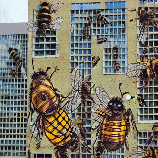 Image similar to bees attack bee hive, street art, twin towers,