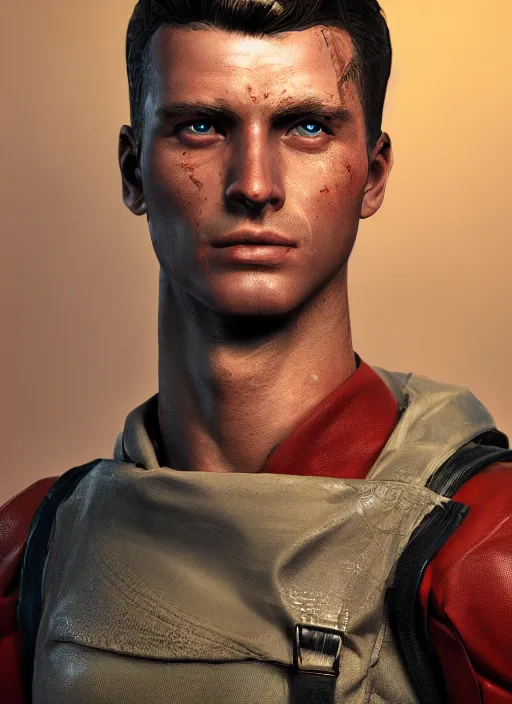 Image similar to A comic book style portrait painting of a male ranger, unreal 5, DAZ, hyperrealistic, octane render, wastelander, dynamic lighting