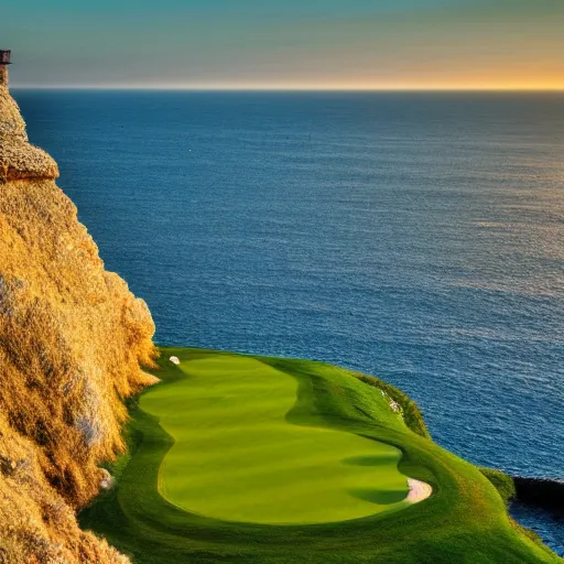 Prompt: a great photograph of the most amazing golf hole in the world, cliffs by the sea, perfect green fairway, human perspective, ambient light, 5 0 mm, golden hour