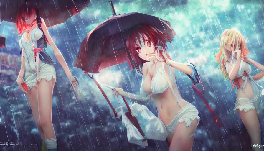 Prompt: anime girls in the rain, masterpiece, pinup, highly detailed, digital painting, artstation, concept art, smooth, sharp focus, illustration, Unreal Engine 5, 8K