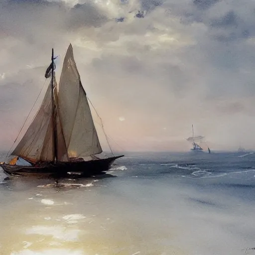 Prompt: oil painting of boat with sail, art by anders zorn, wonderful masterpiece by greg rutkowski, beautiful cinematic light, american romanticism by greg manchess, creation by tyler edlin, aquarelle