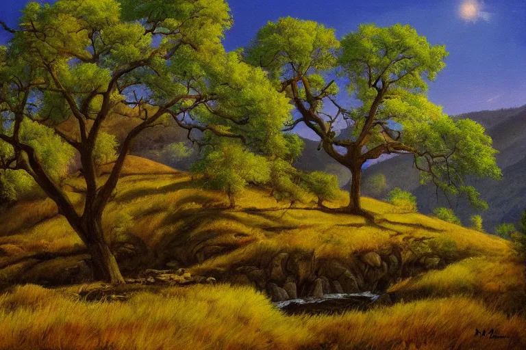 Image similar to masterpiece painting of oak trees on a hillside overlooking a creek, dramatic lighting, by marc davis