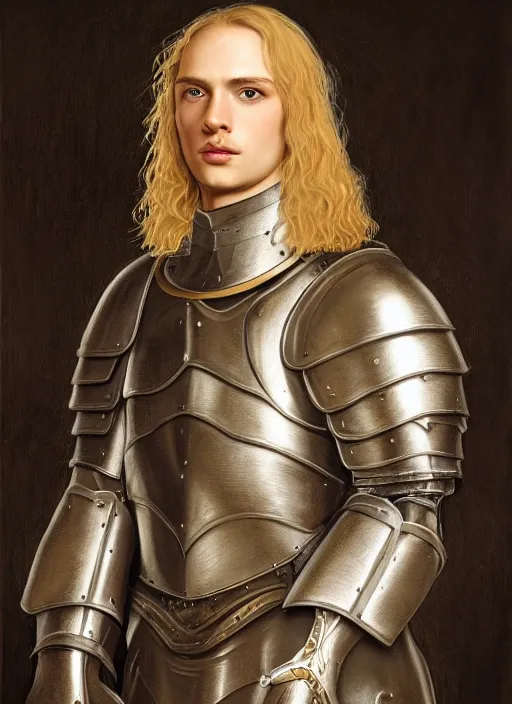 Image similar to oilpainting of a handsome young knight with a beautiful face and clear skin, long blond hair, wearing an engraved plate armor, no helmet, high resolution, clear image, digital art, studio photo, 4 k, clear lines, artstation, rendition by jan van eyck