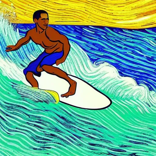 Image similar to an artistic photo of barack obama surfing in hawaii, high quality, colourful, hero, 1 9 8 8, heroic, artistic, beautiful, in the style of vincent van gogh
