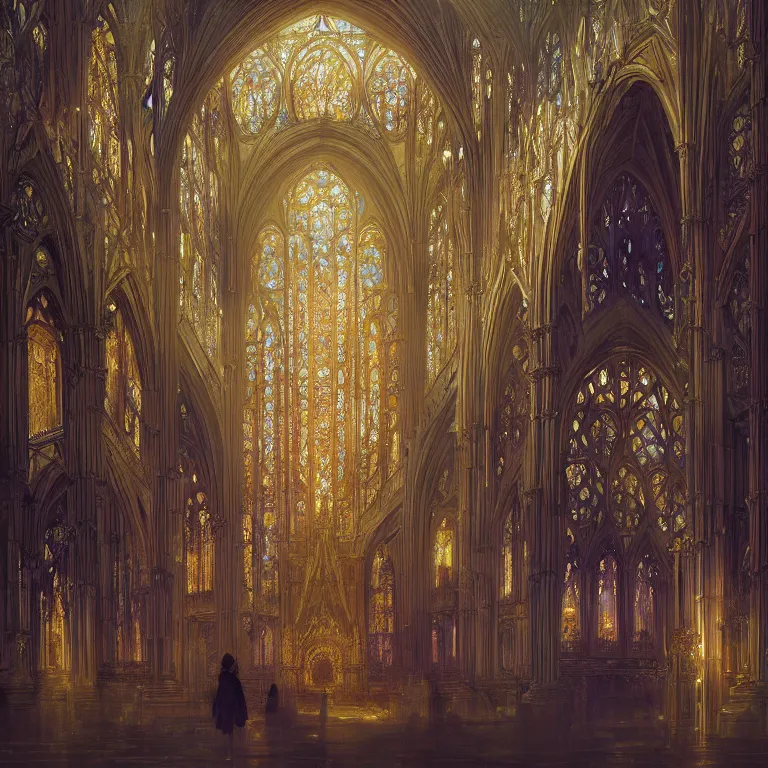 Prompt: breathtaking detailed soft painting of an intricate golden art nouveau cathedral in enlightened tumultuous clouds, amethyst stained glass with one person standing in front, dawn sunlight and godlike ambiance, rembrandt style, hyper detailed fire stained glass windows, volumetric lighting, concept art, matte, sharp focus by tom bagshaw, and greg rutkowski